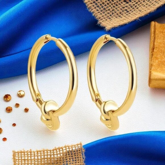 🆕 Chic Knot Accent 18K Gold Hoop Earrings Trendy Stainless Steel Minimalist - Picture 6 of 13